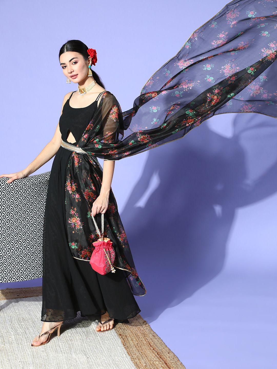 inddus stylish black chiffon swirling volume kurta