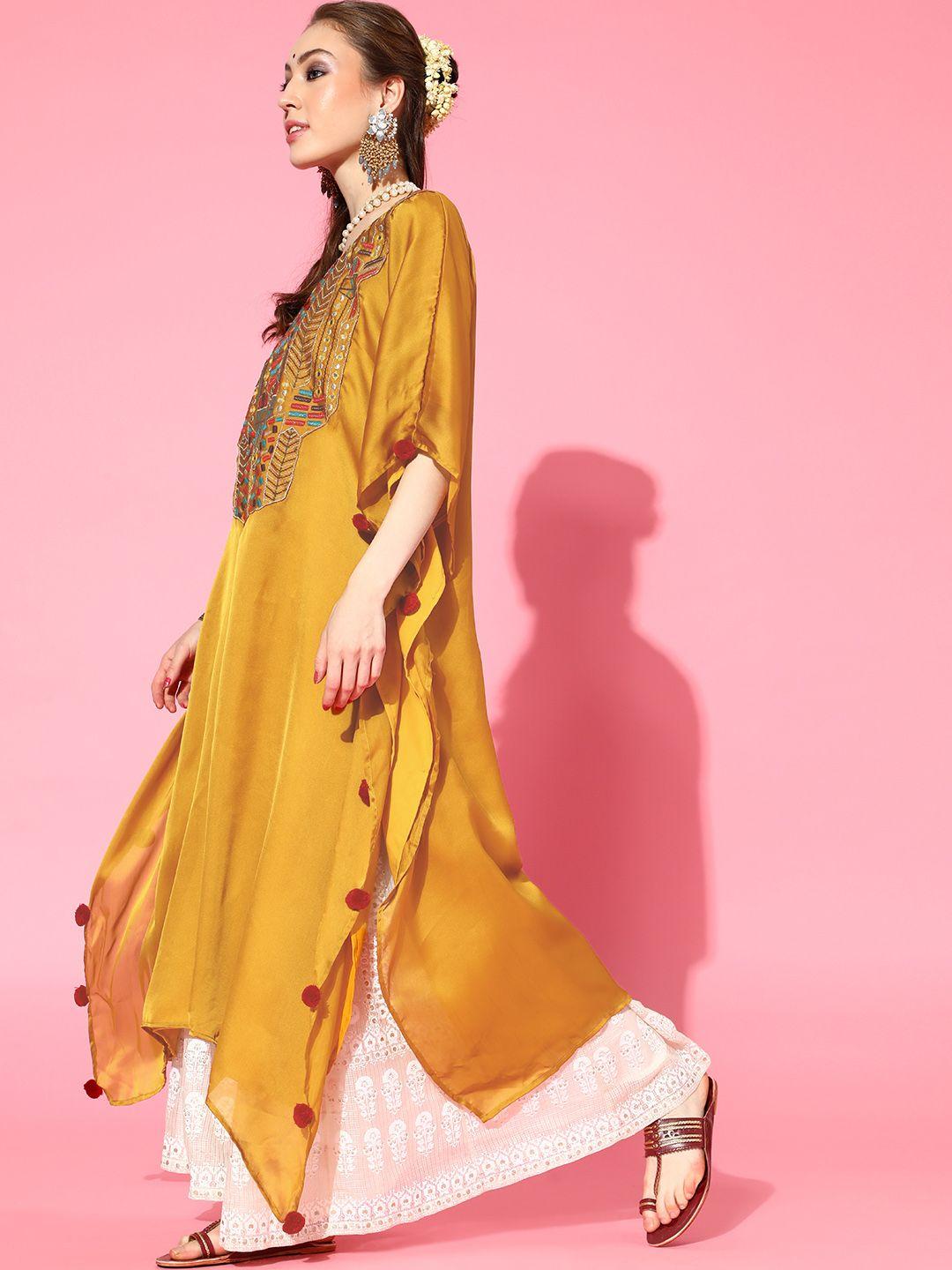 inddus stylish mustard embroidered satin kaftan kurta