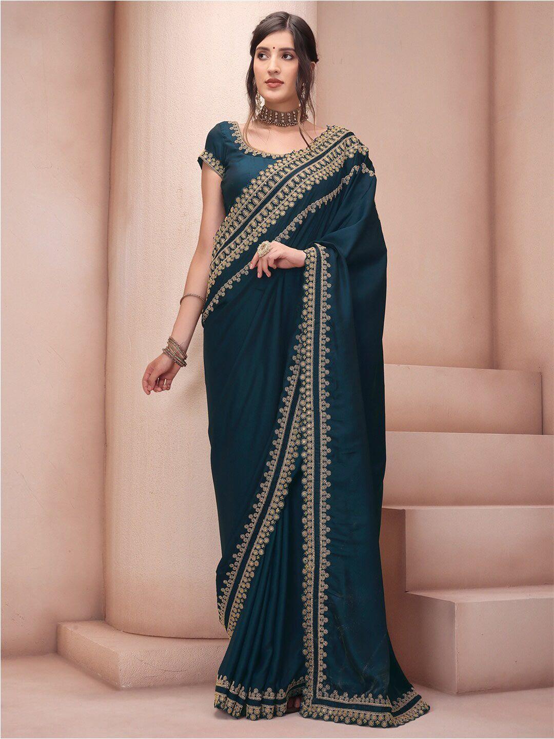 inddus teal & gold-toned ethnic motifs embroidered silk blend saree