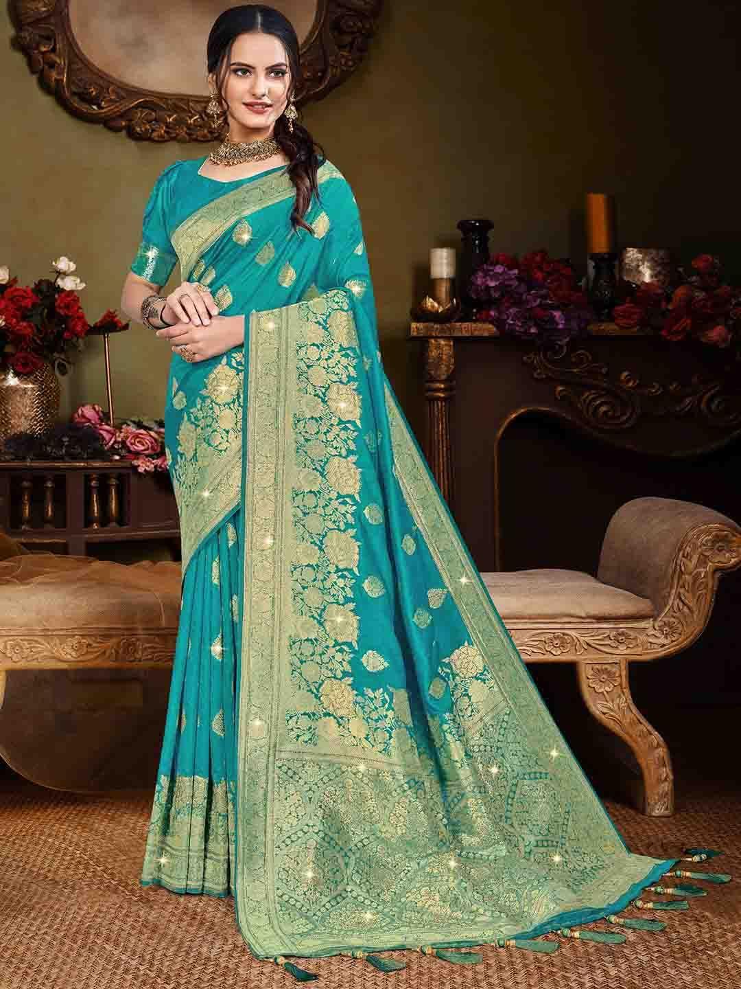 inddus teal & gold-toned ethnic motifs silk blend saree