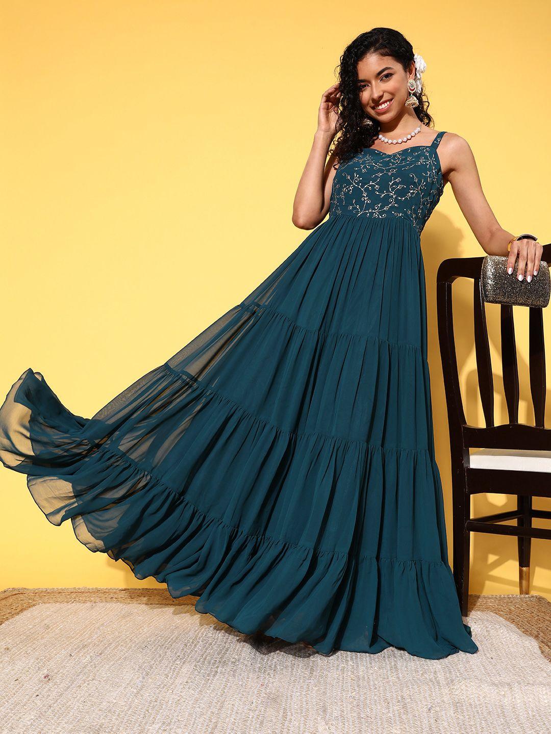 inddus teal floral embroidered georgette maxi dress