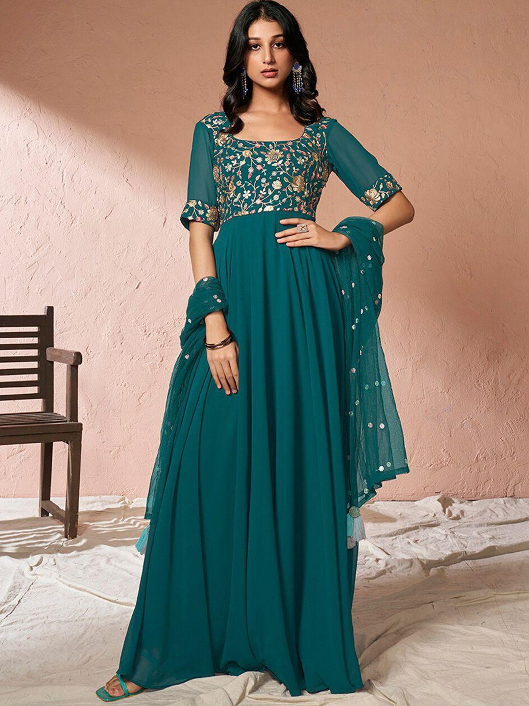 inddus teal floral embroidered sequinned fit and flare ethnic dress with dupatta