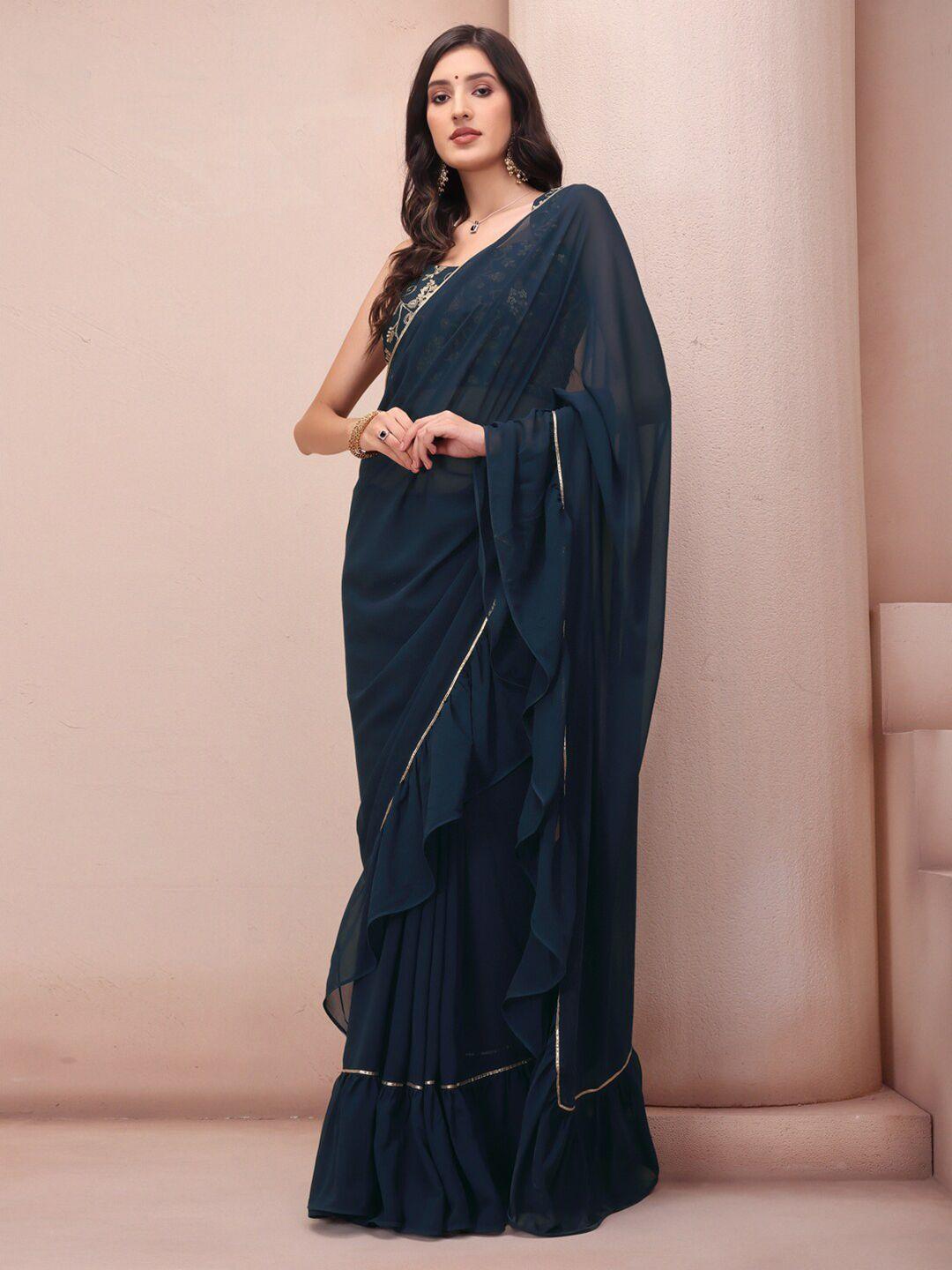 inddus teal ruffled poly georgette saree