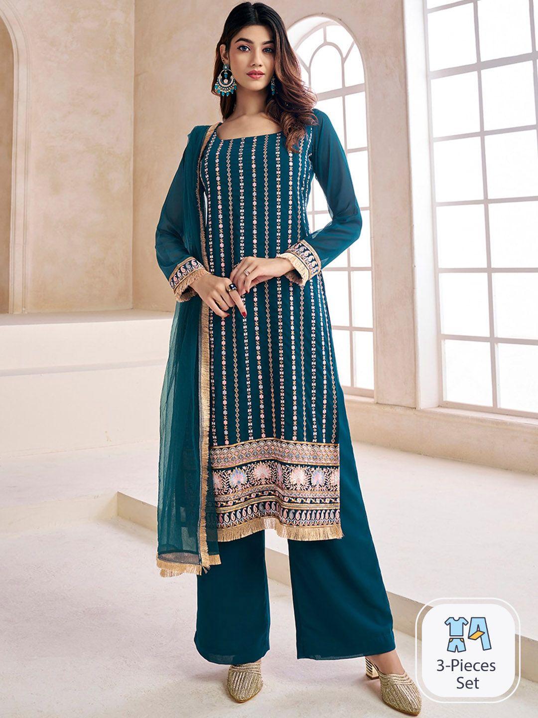 inddus teal striped embroidered beads & stones straight kurta & palazzos with dupatta