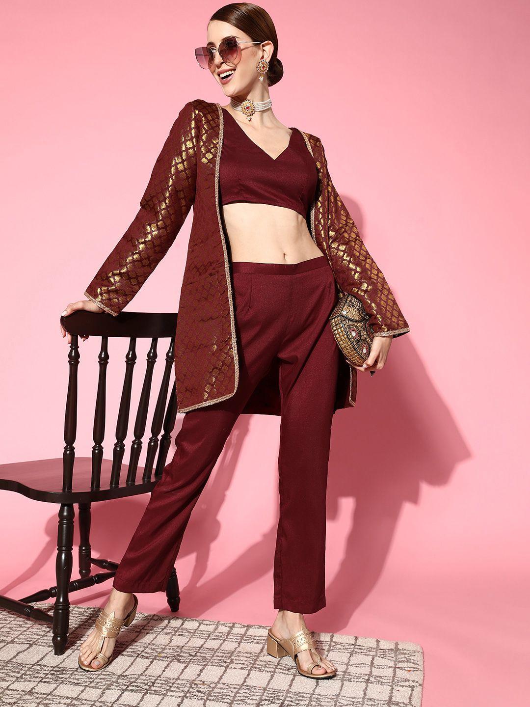 inddus women attractive maroon solid top with trousers