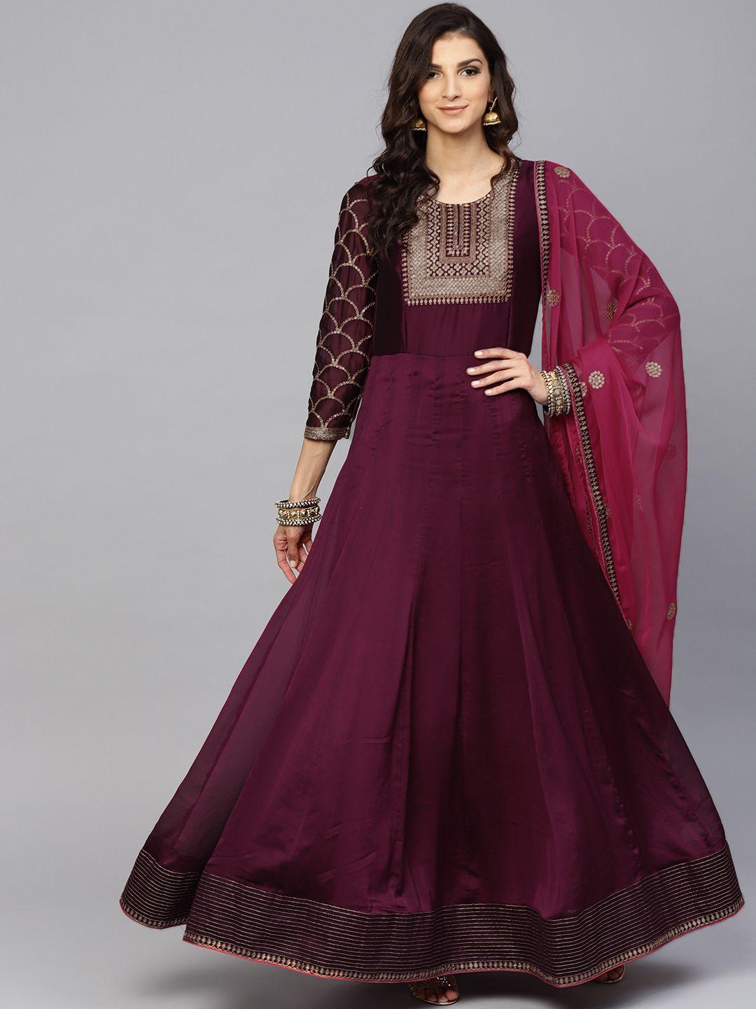 inddus women aubergine yoke design anarkali kurta with dupatta