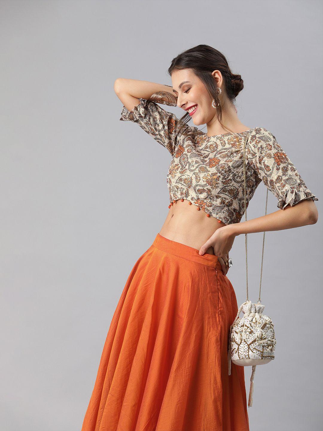 inddus women beige & orange printed embellished detail crop top with skirt