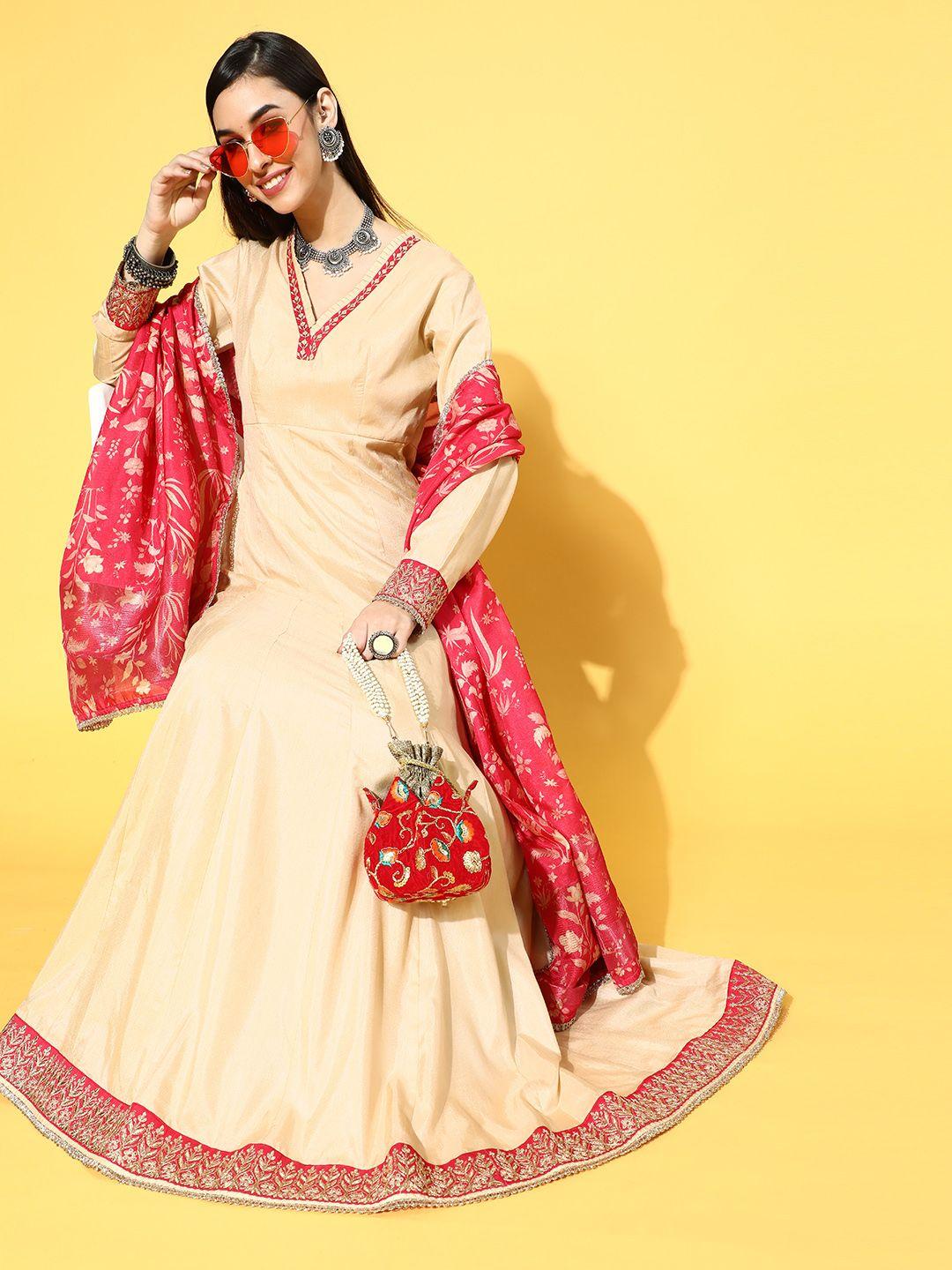 inddus women beige & pink solid anarkali kurta with dupatta