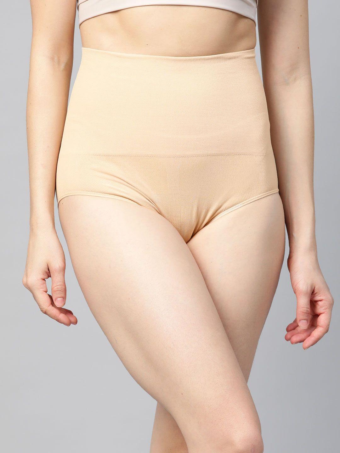 inddus women beige solid high-waist compressed seamless tummy shaper briefs