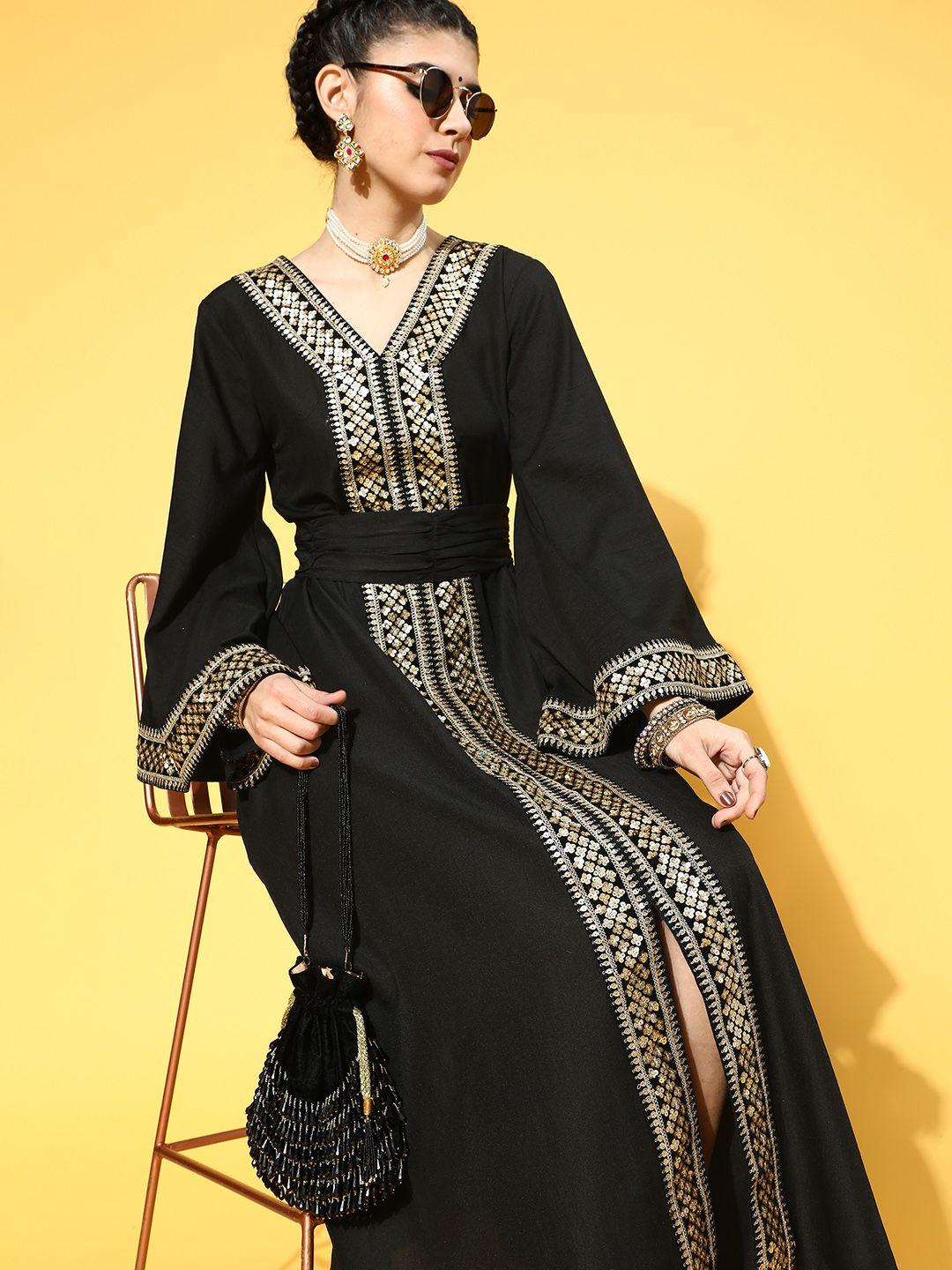 inddus women black & golden ethnic motifs ethnic a-line midi dress with front slit