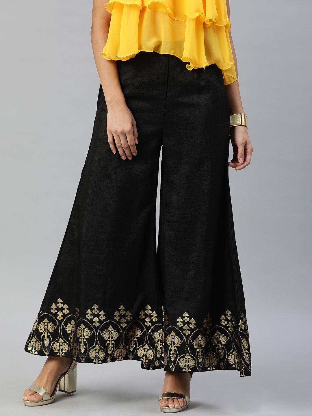 inddus women black & golden foil printed wide leg palazzos