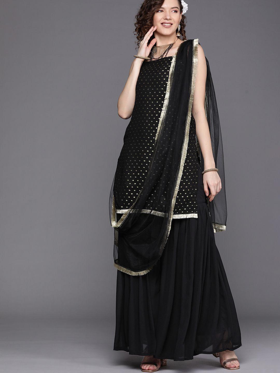 inddus women black & golden woven design zari kurta with sharara & dupatta