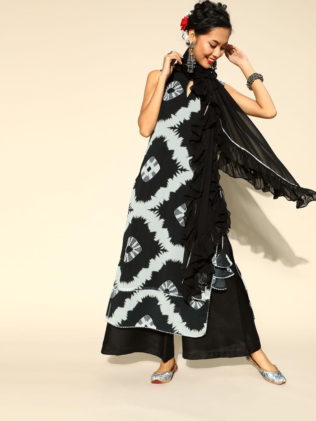 inddus women black & grey tie and dye kurta with palazzo & ruffled dupatta