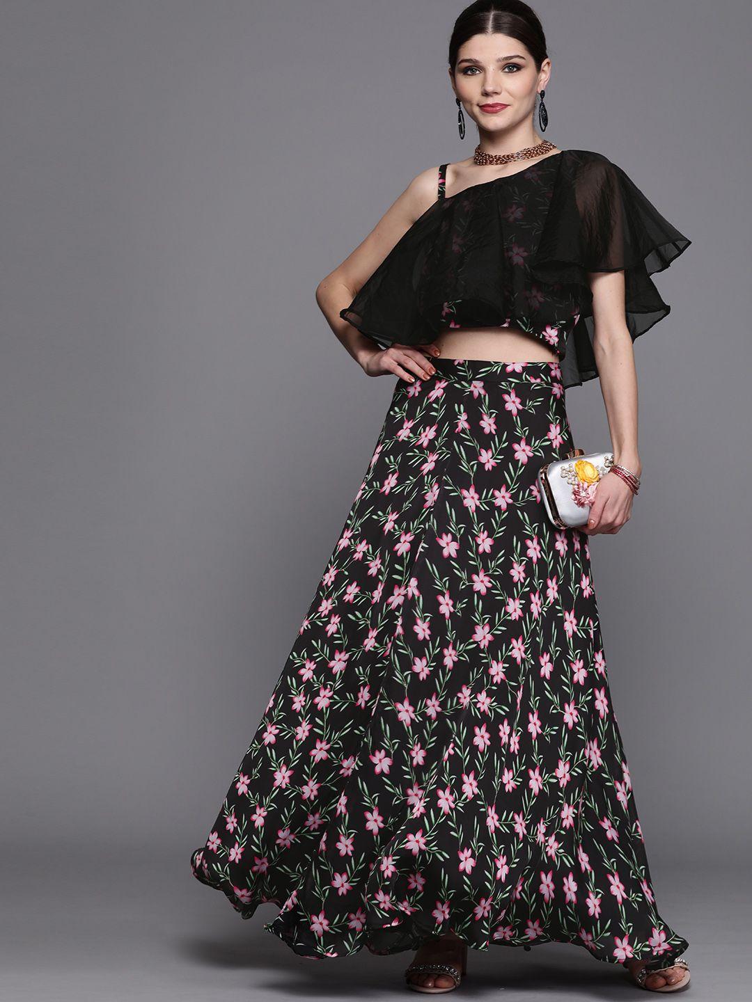 inddus women black & pink digital floral print crop top with skirt