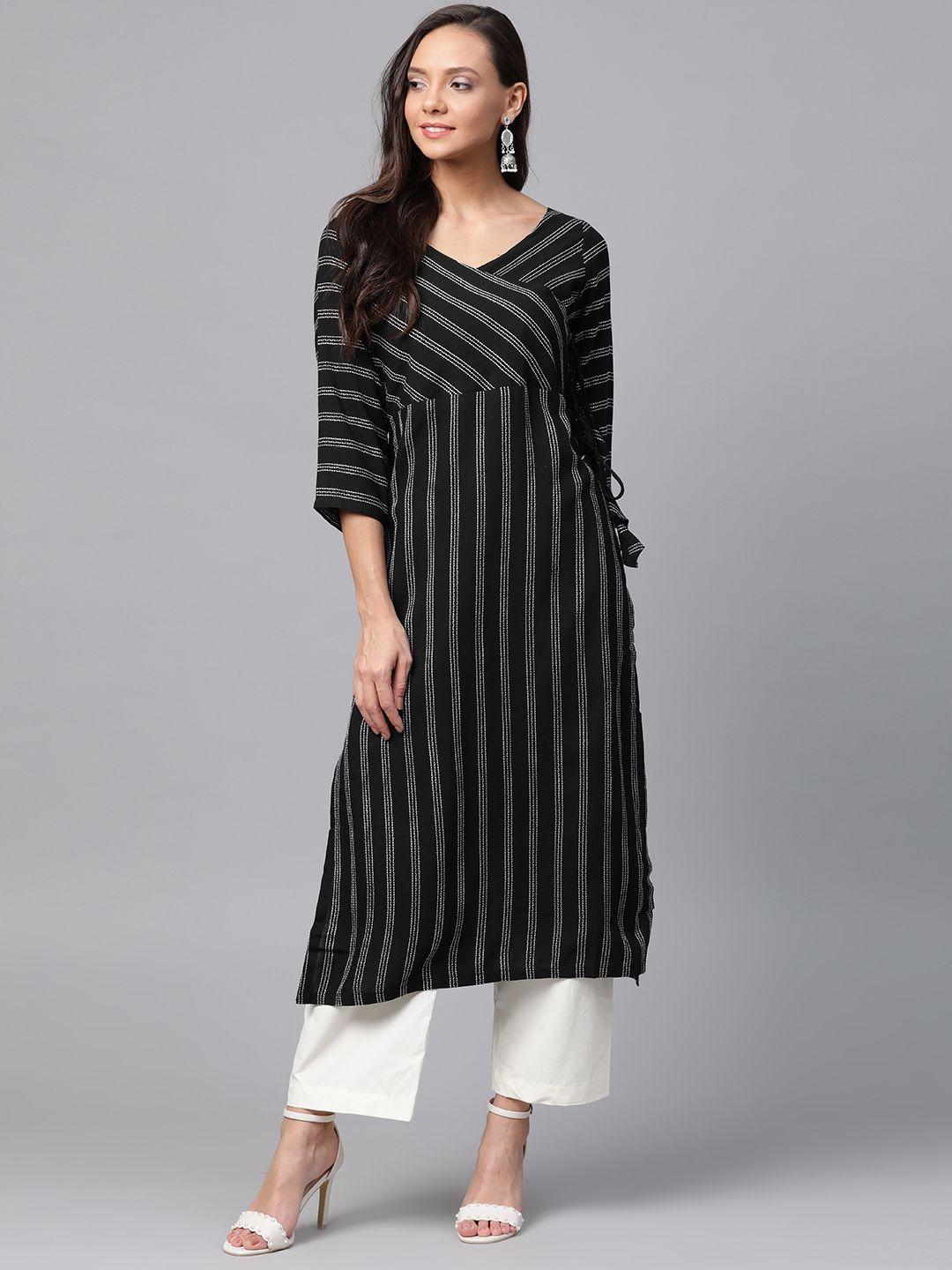 inddus women black & white embroidered striped straight angrakha kurta
