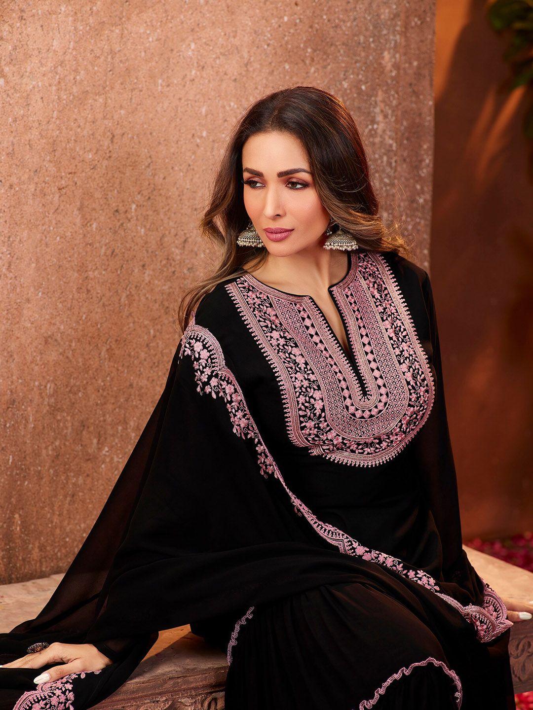 inddus women black ethnic motifs thread work kurta with sharara & with dupatta