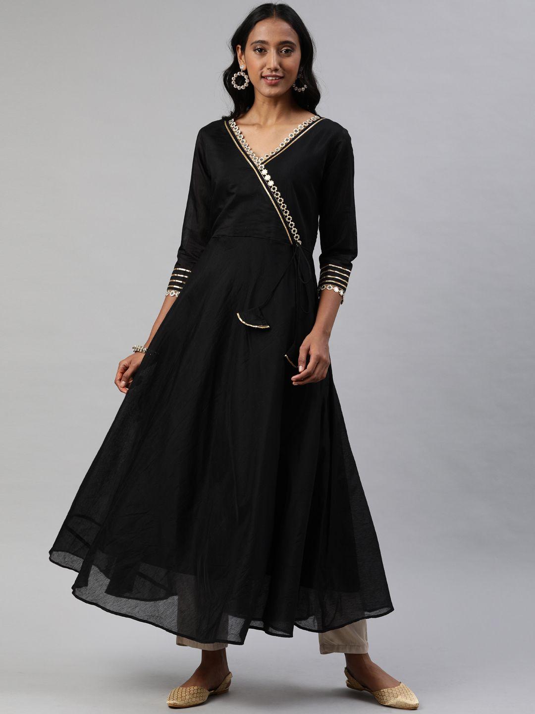 inddus women black mirror embellished anarkali kurta