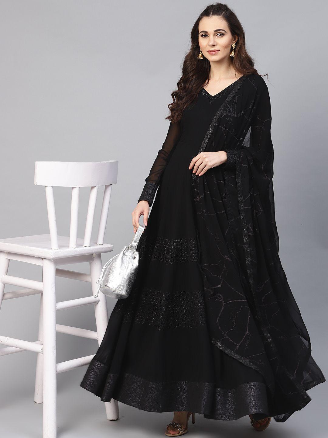 inddus women black solid anarkali kurta with dupatta