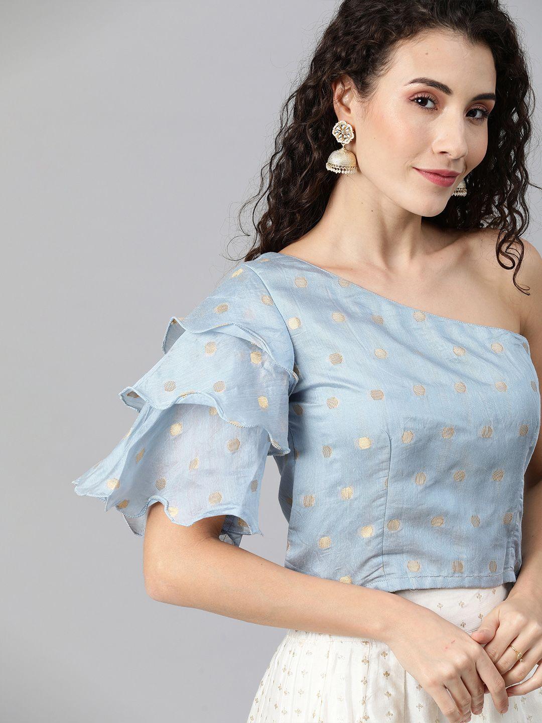 inddus women blue & golden woven design ethnic one shoulder crop top