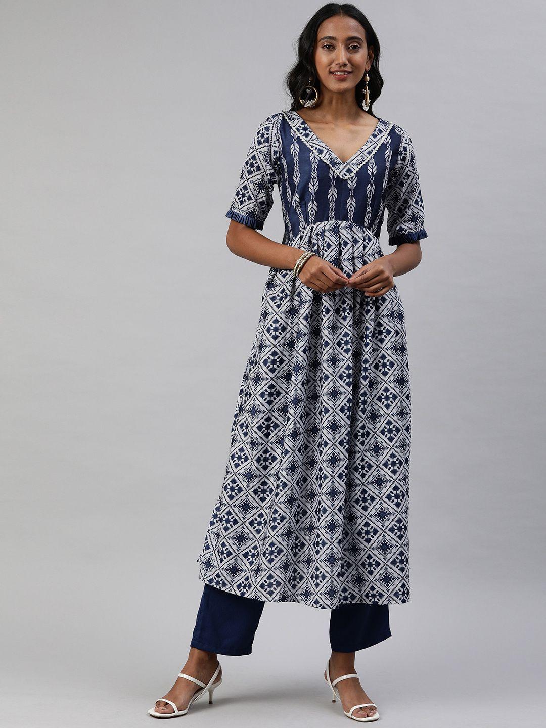 inddus women blue & white printed a-line kurta