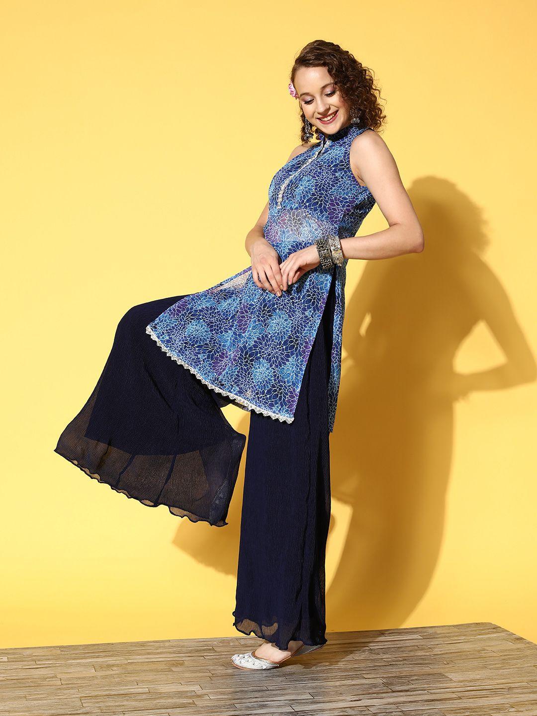 inddus women blue floral printed beads and stones kurta with palazzos
