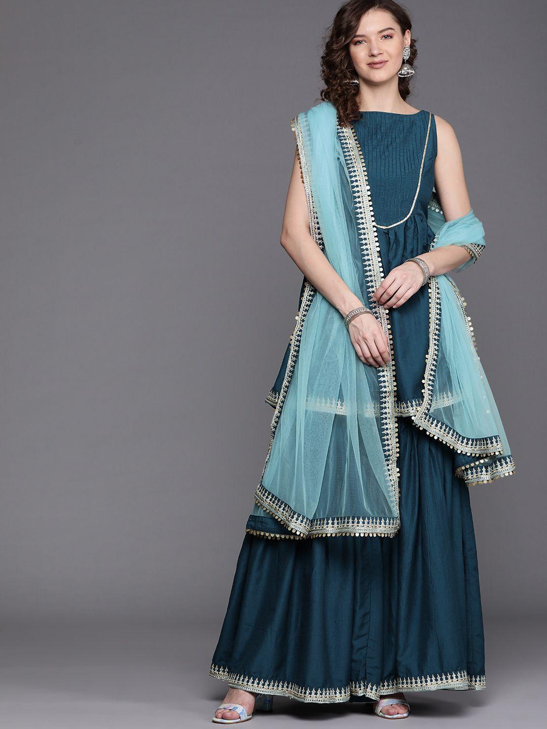 inddus women blue yoke design pleated sequinned kurta with sharara & dupatta