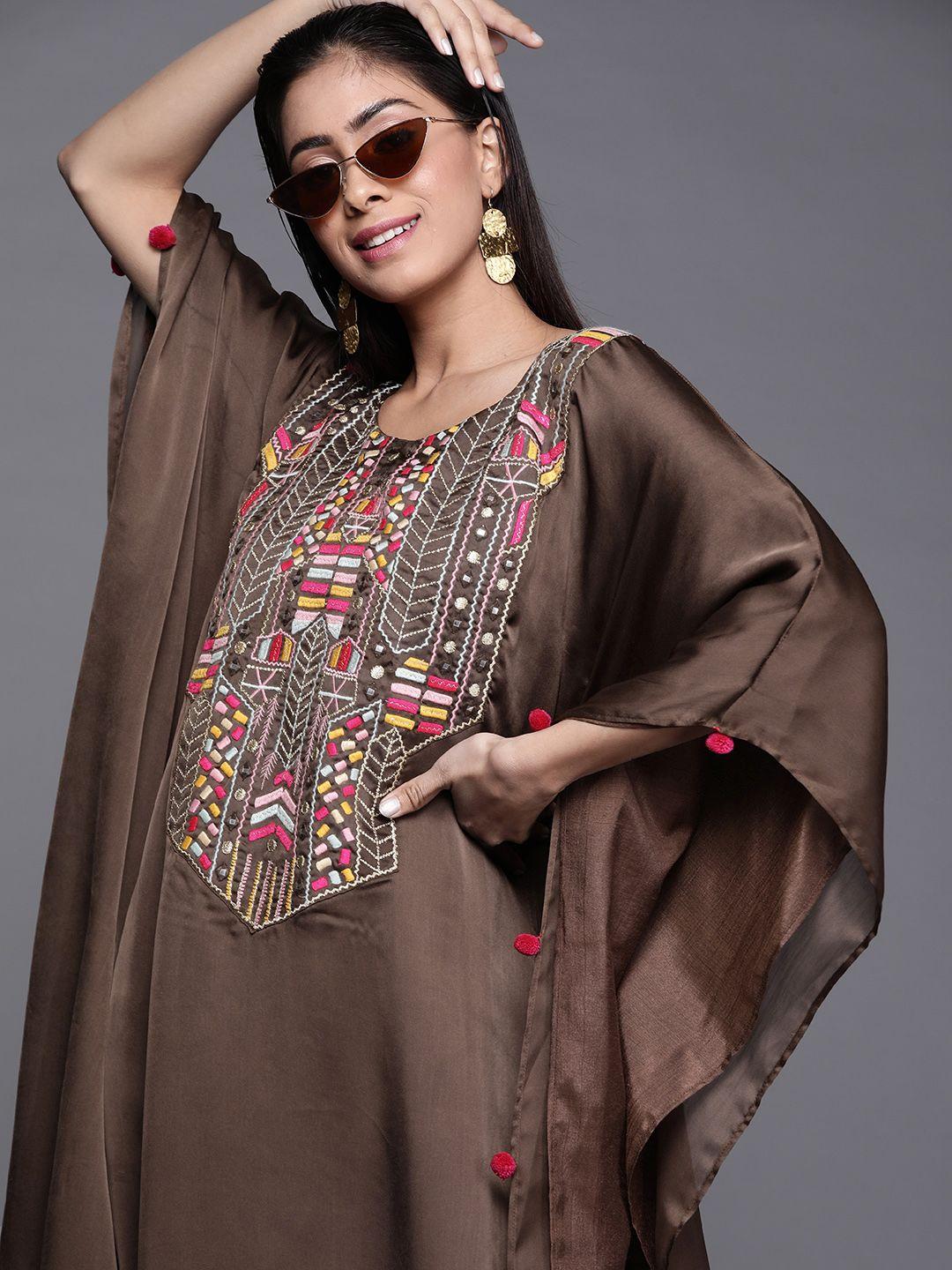 inddus women brown & pink embroidered extended sleeves kaftan kurta