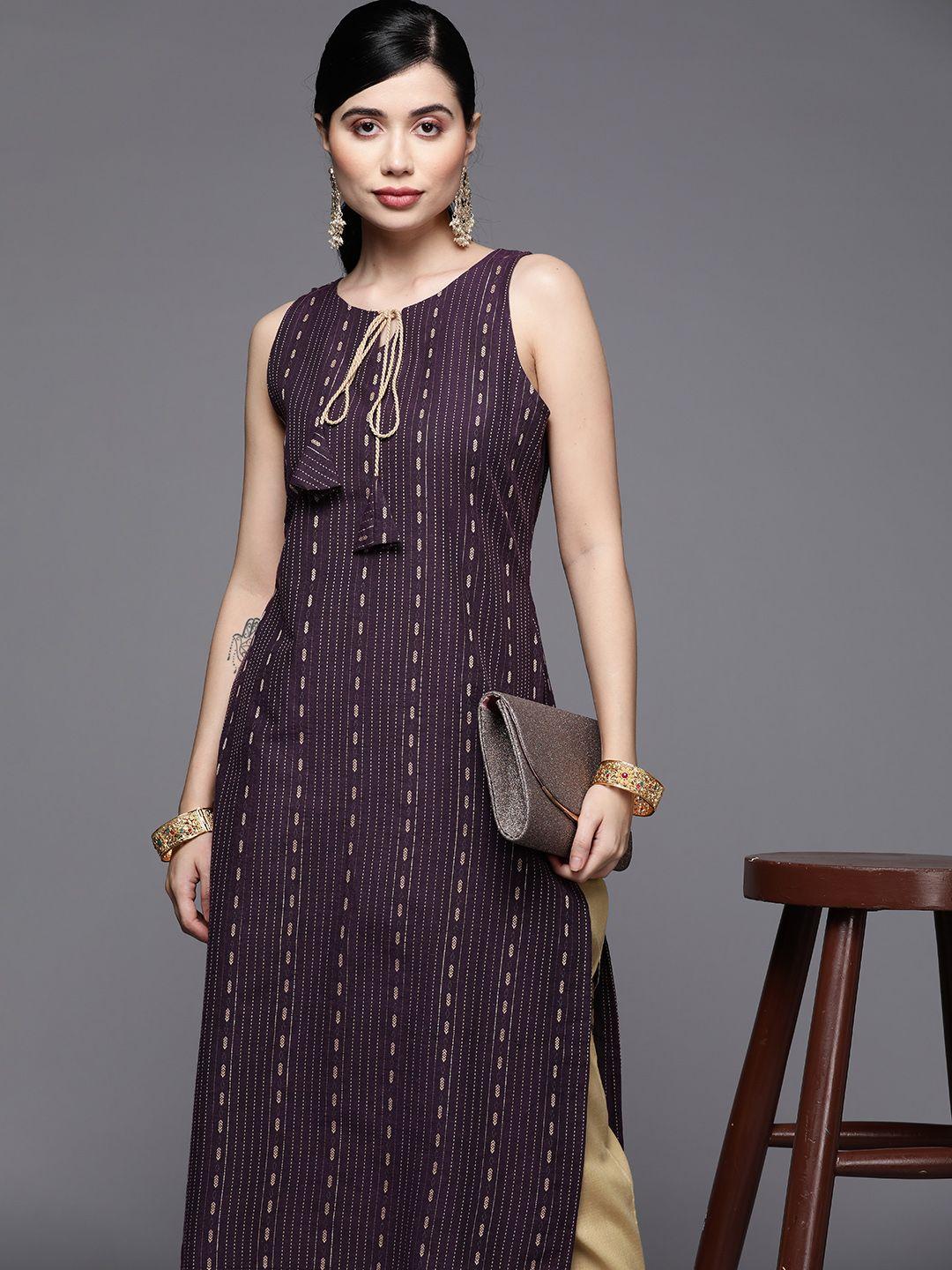 inddus women burgundy & gold-toned printed kurta with trousers