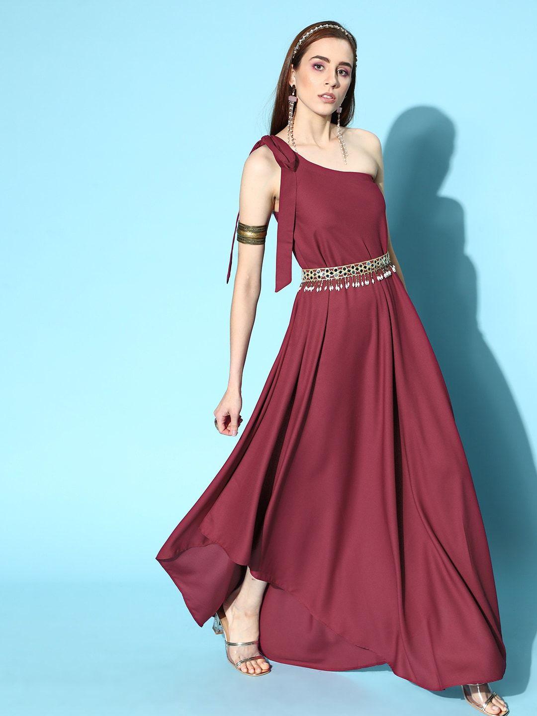 inddus women charming maroon solid one-shoulder dress with embellished belt