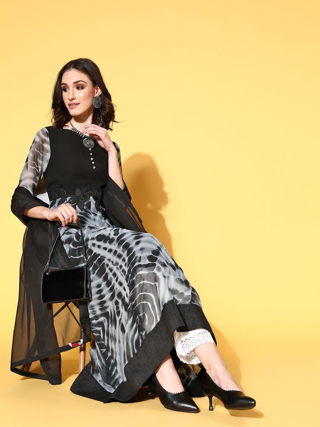 inddus women classic black georgette tie & dye 2.0 kurta