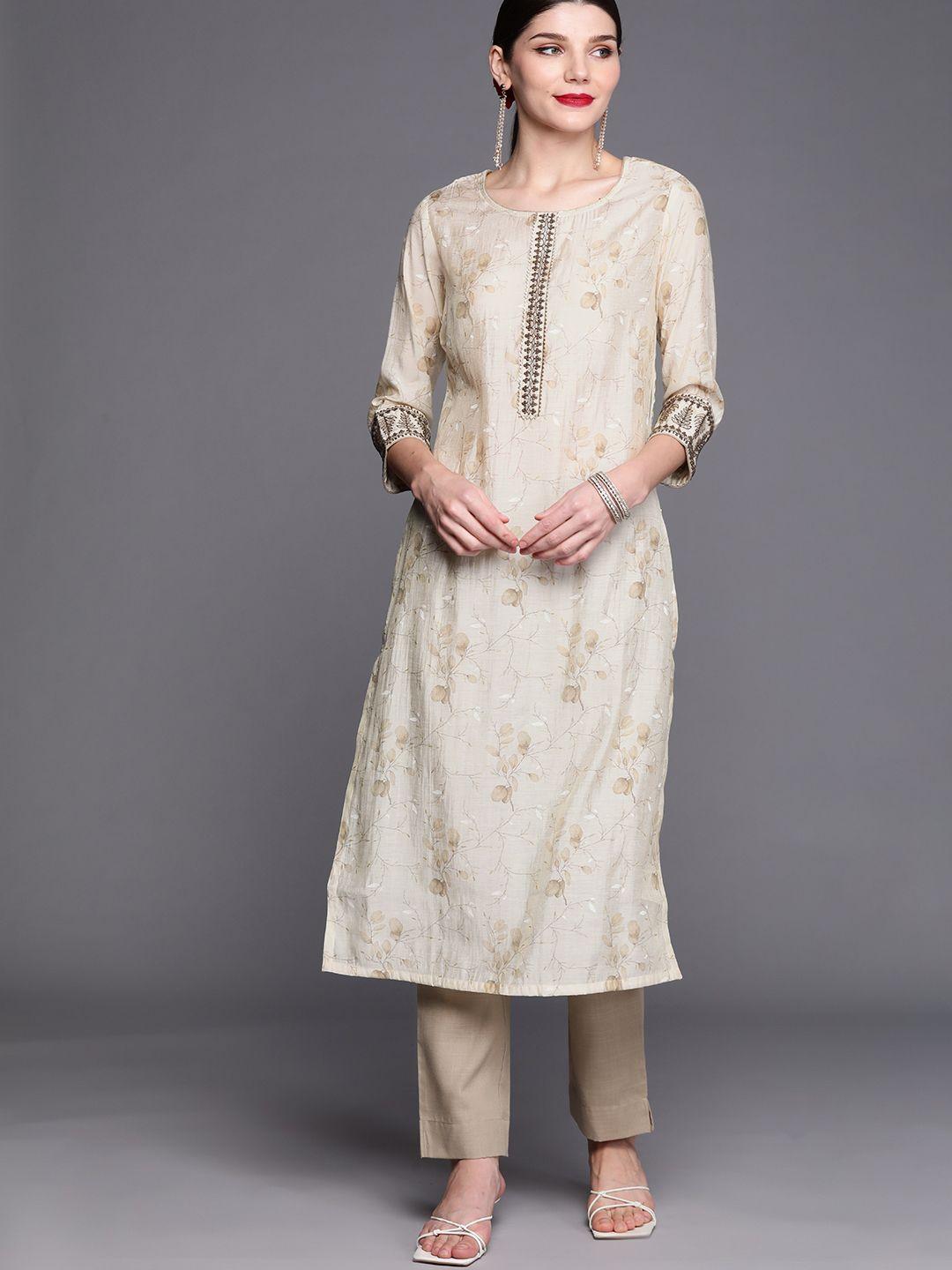 inddus women cream-coloured floral embroidered regular gotta patti kurta with trousers