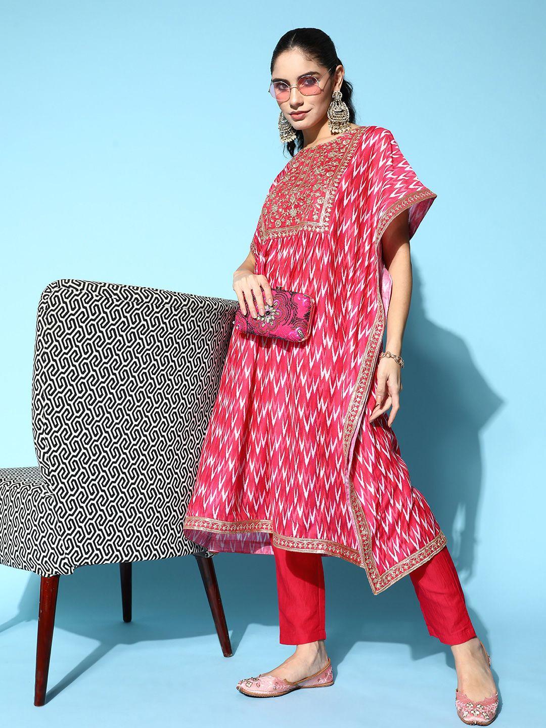 inddus women embroidered thread work kaftan kurta with trousers