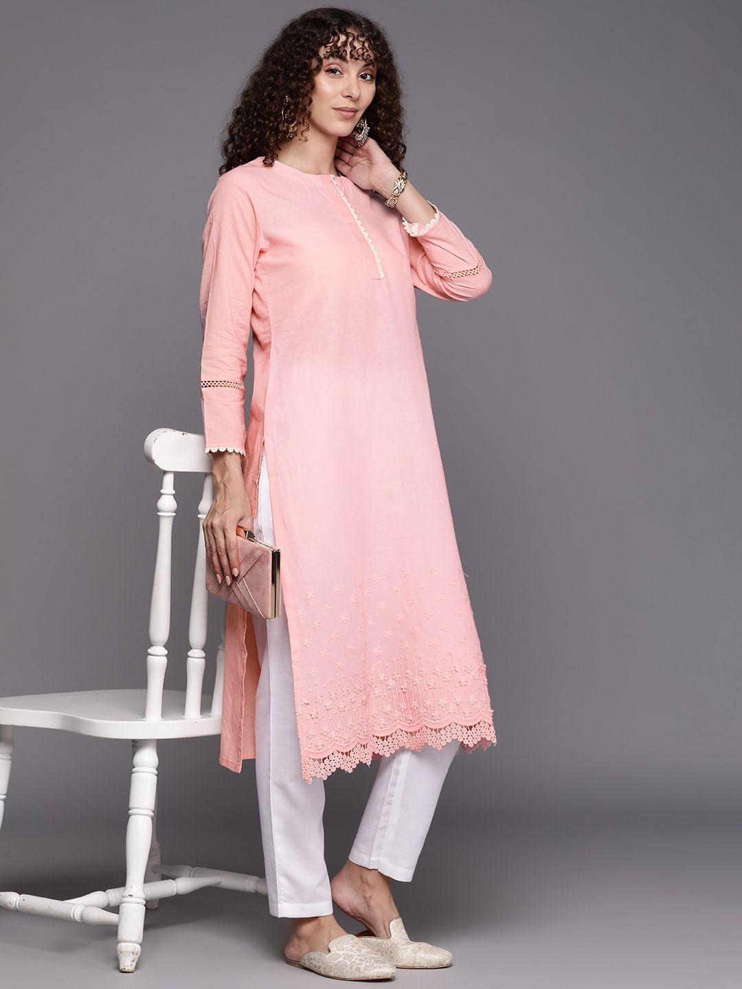 inddus women floral embroidered chikankari thread work kurta with trousers