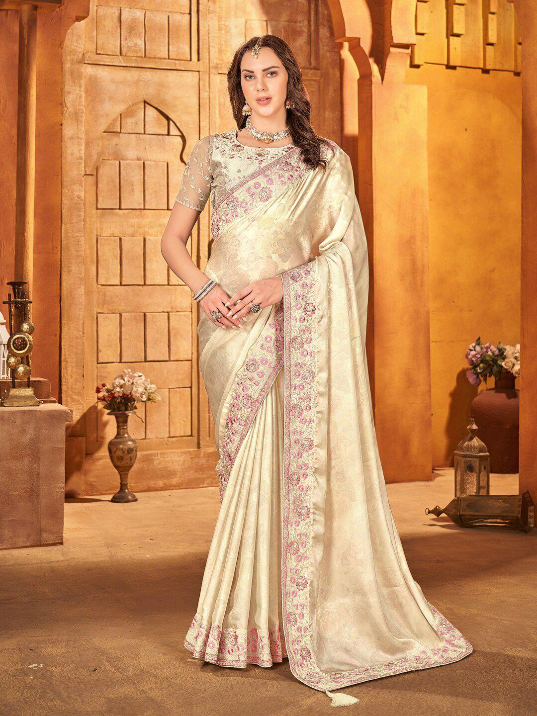 inddus women floral embroidered satin saree