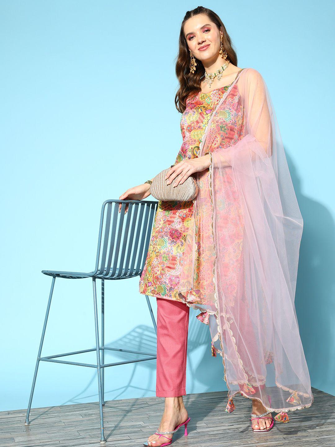 inddus women floral embroidered thread work kurta with trousers & with dupatta