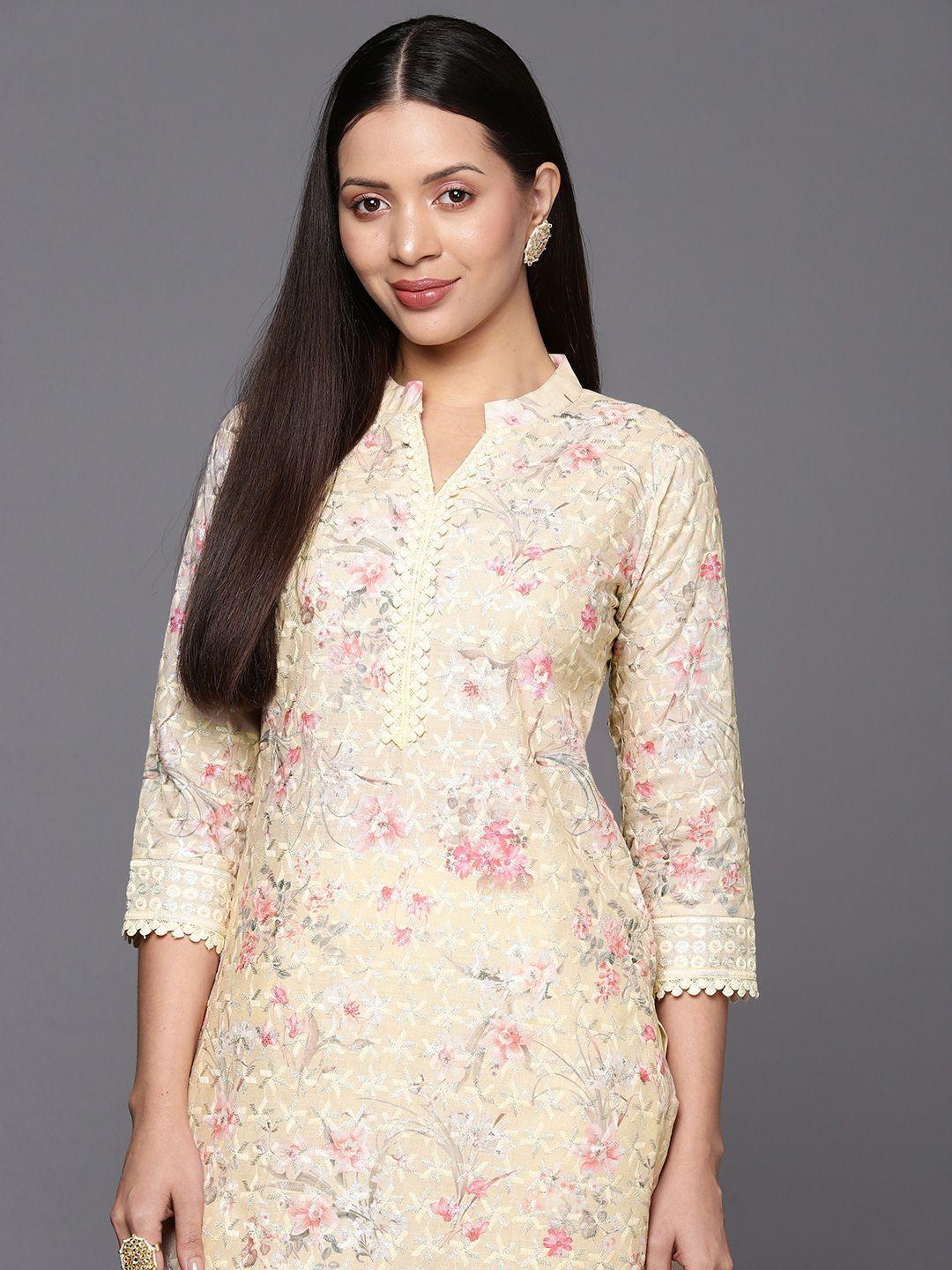 inddus women floral print with embroidery chikankari cotton kurta with trousers