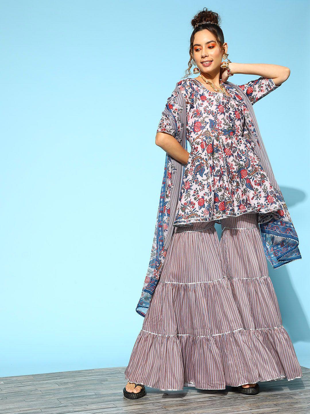 inddus women floral printed gotta patti kurta with sharara & with dupatta