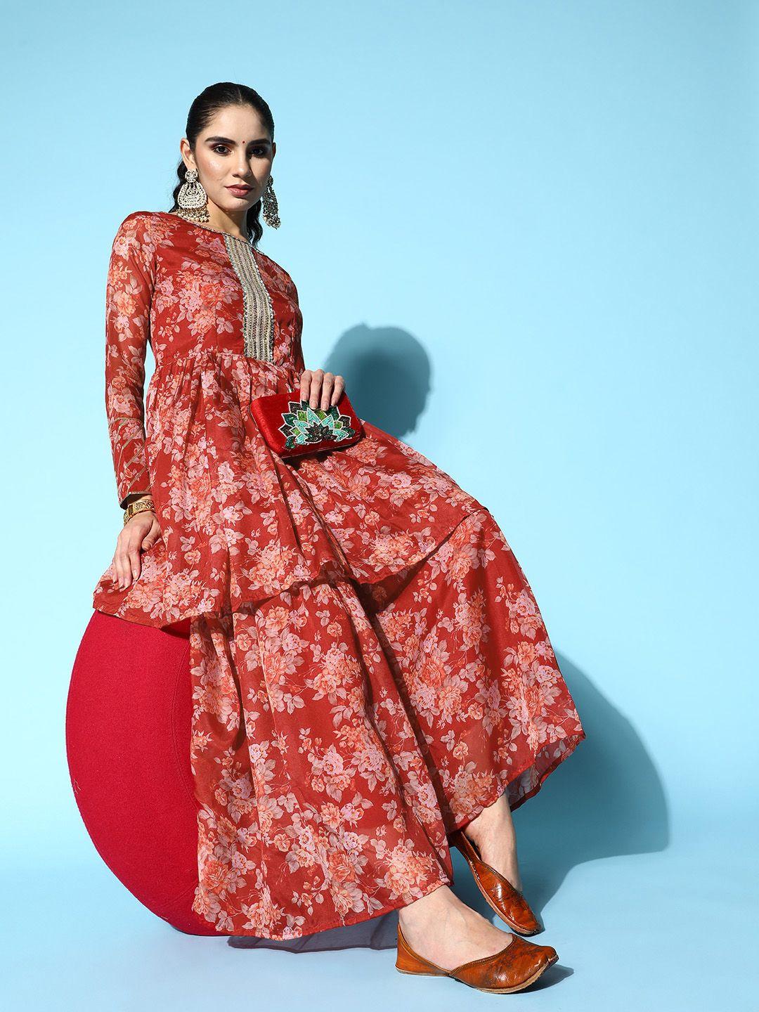 inddus women floral printed gotta patti kurti with sharara