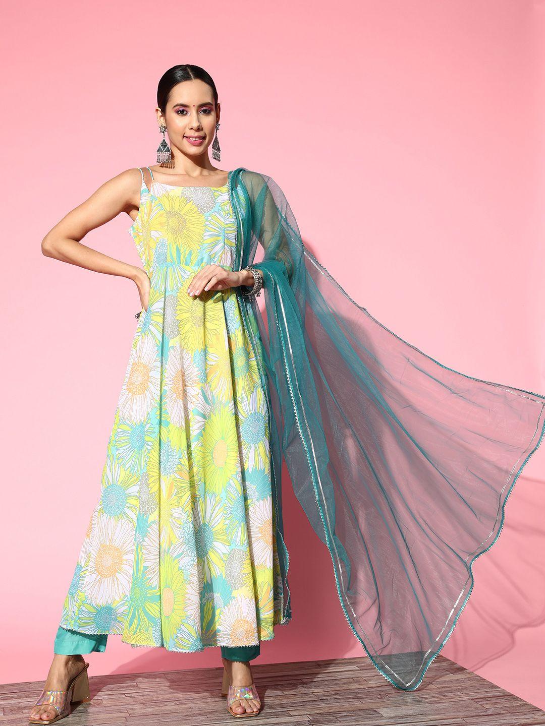 inddus women floral printed kurta with trousers & with dupatta