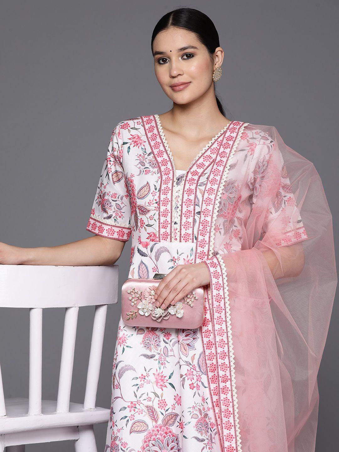 inddus women floral printed regular kurta with trousers & dupatta