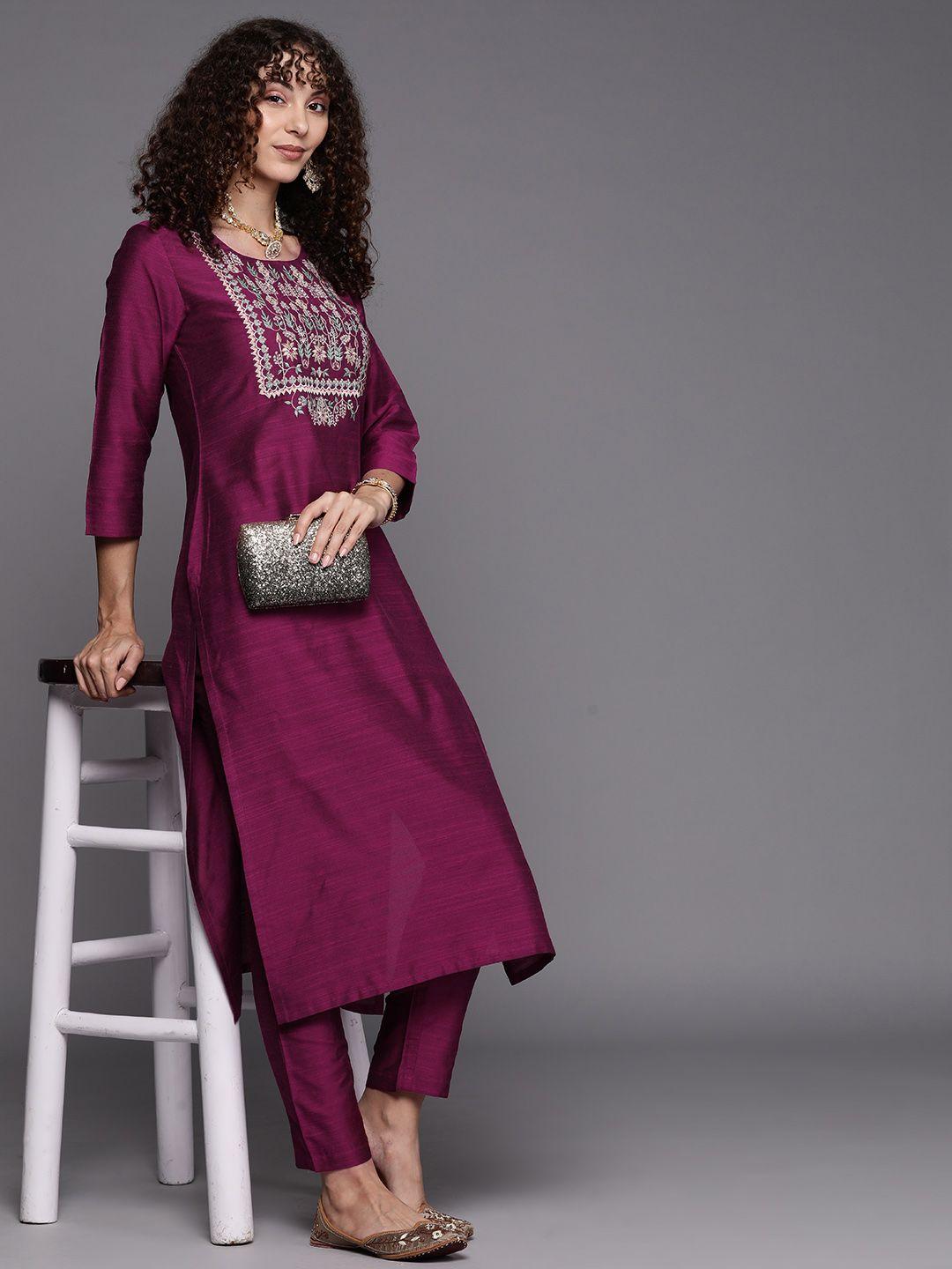 inddus women floral yoke design thread work kurta with trousers