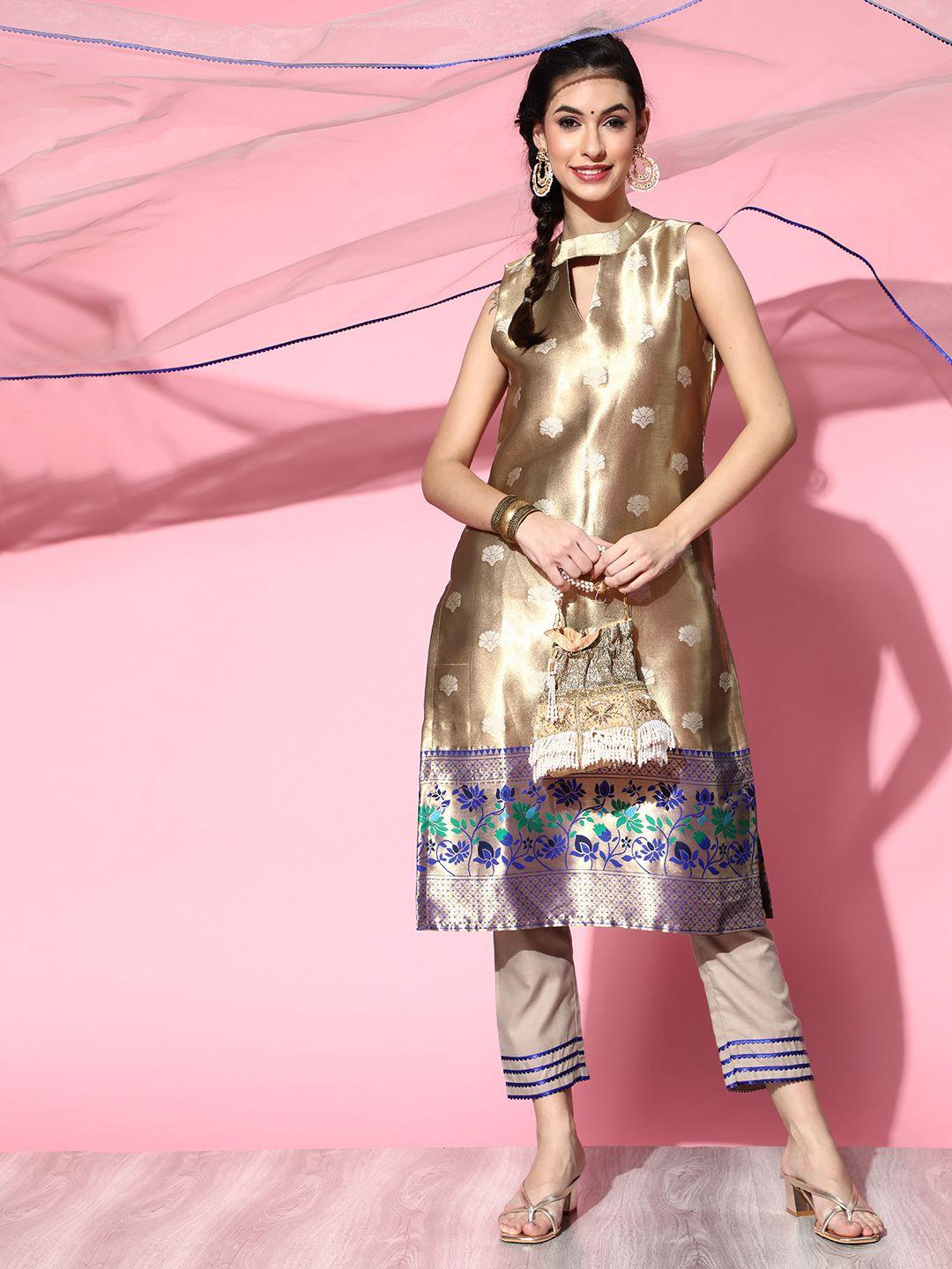 inddus women gold-toned floral brocade woven design gotta patti silk blend kurta set