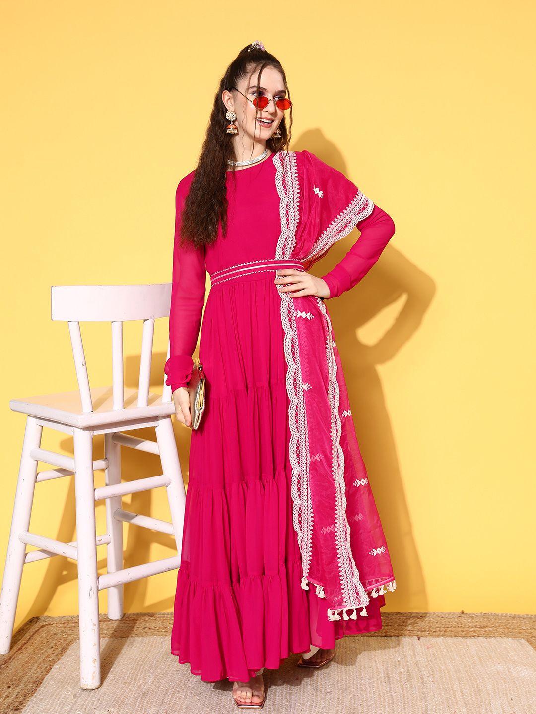 inddus women gotta patti tiering georgette kurta with dupatta