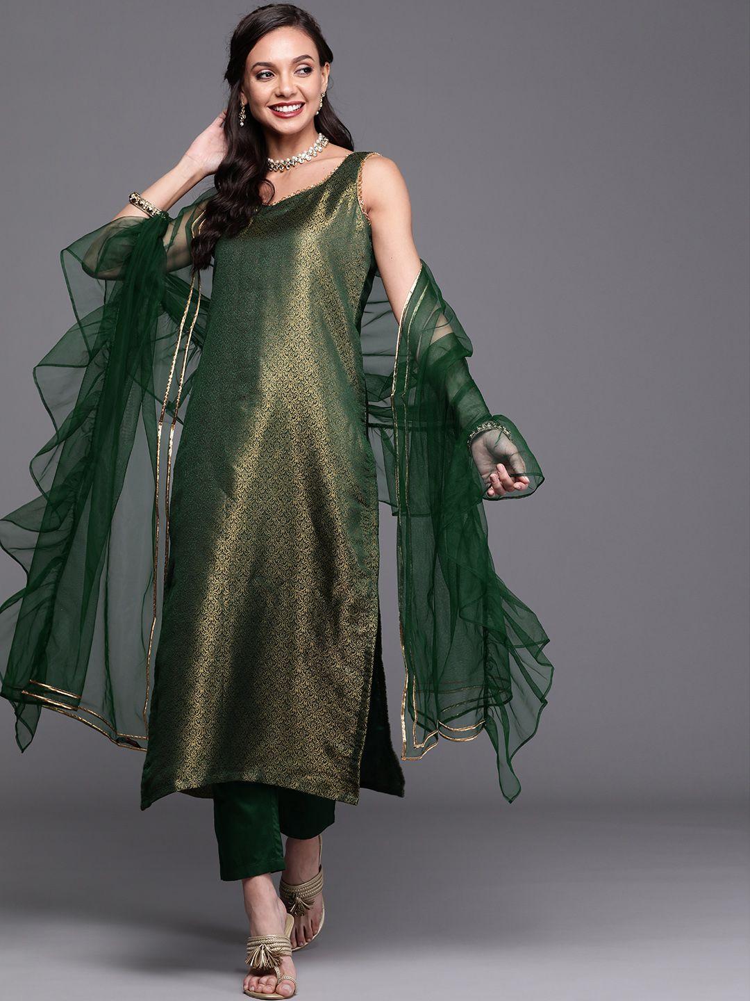 inddus women green & golden ethnic woven design kurta with trousers & net dupatta