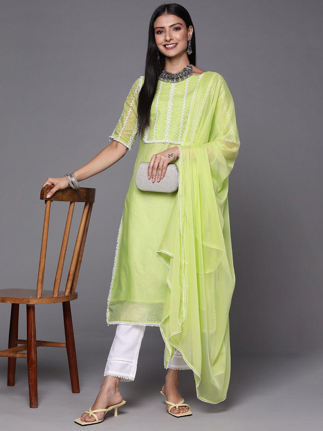 inddus women green & white embroidered thread work kurta with trousers & dupatta