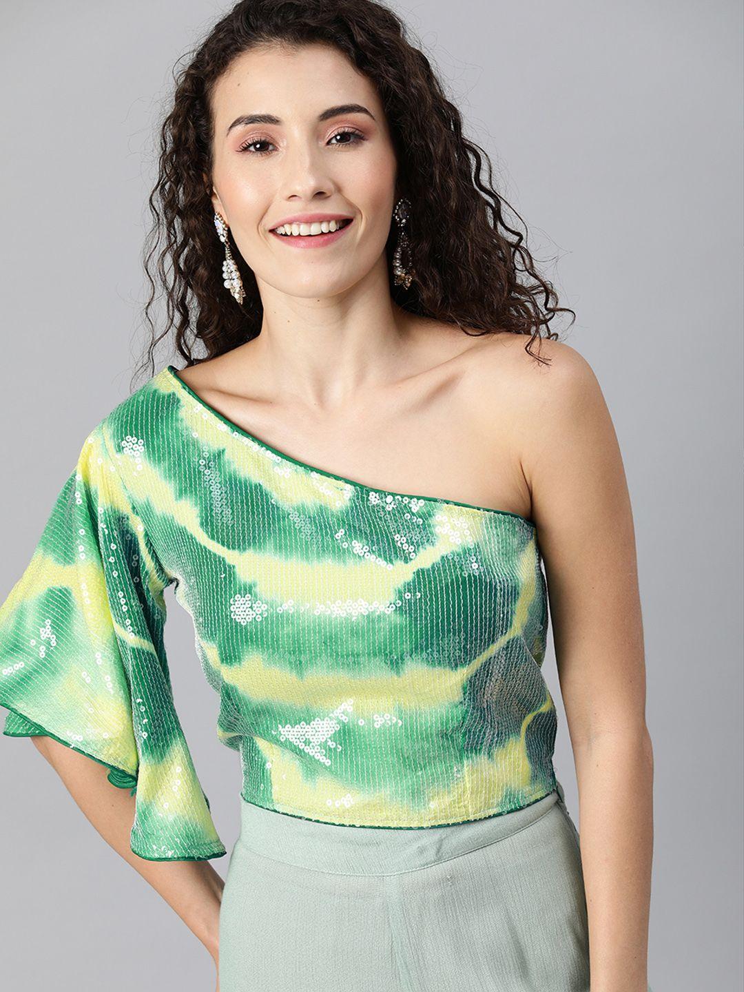 inddus women green & yellow dyed one shoulder cropped top with sequins