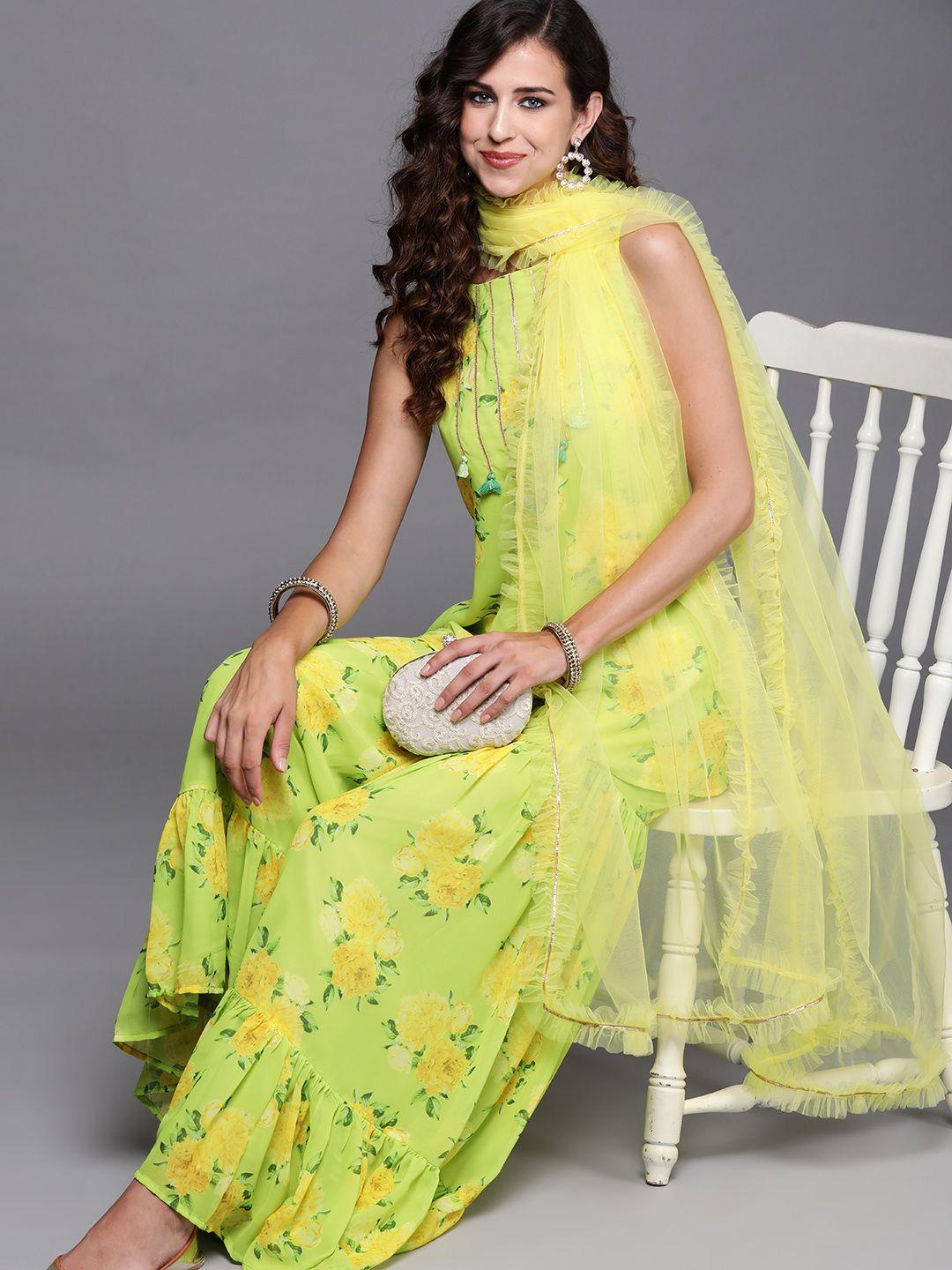 inddus women green & yellow floral printed kurta with sharara & dupatta