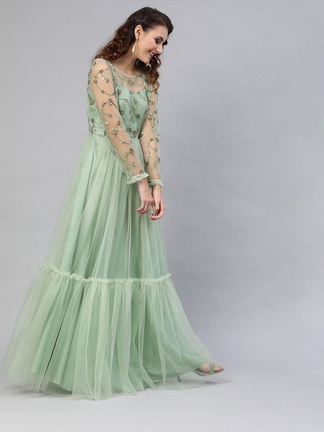 inddus women green embellished net semi-sheer maxi dress