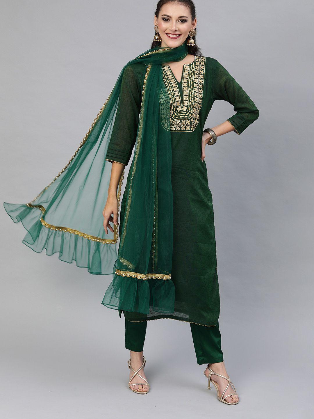 inddus women green embroidered kurta with trousers & dupatta