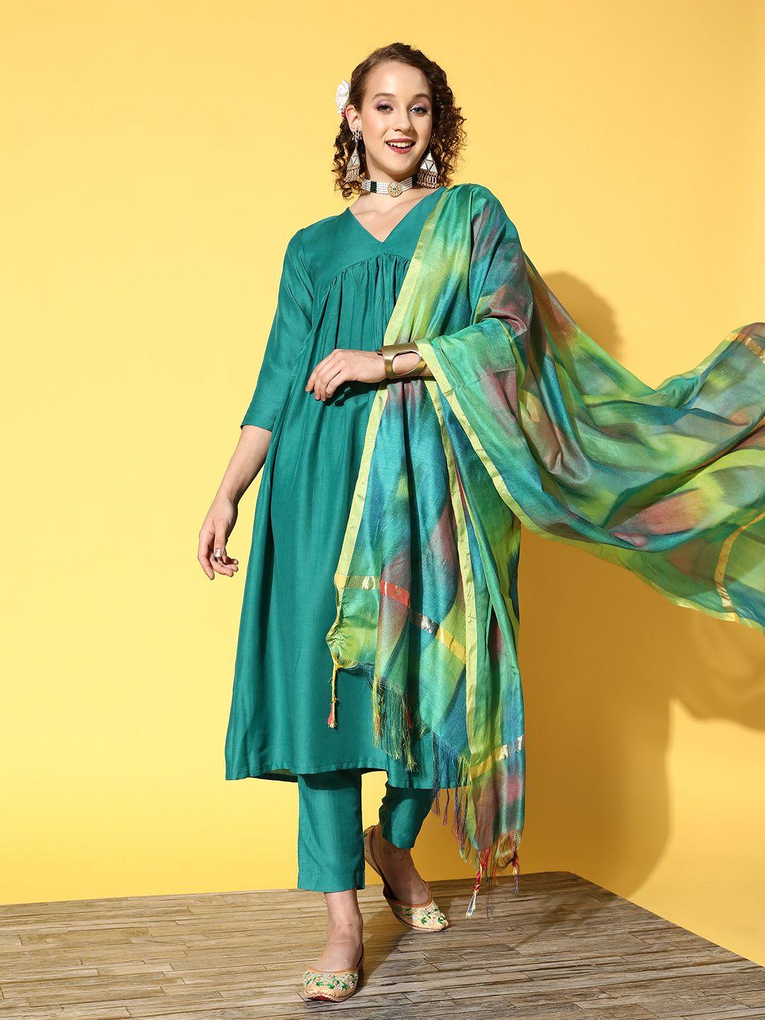 inddus women green kurta with trousers & with dupatta